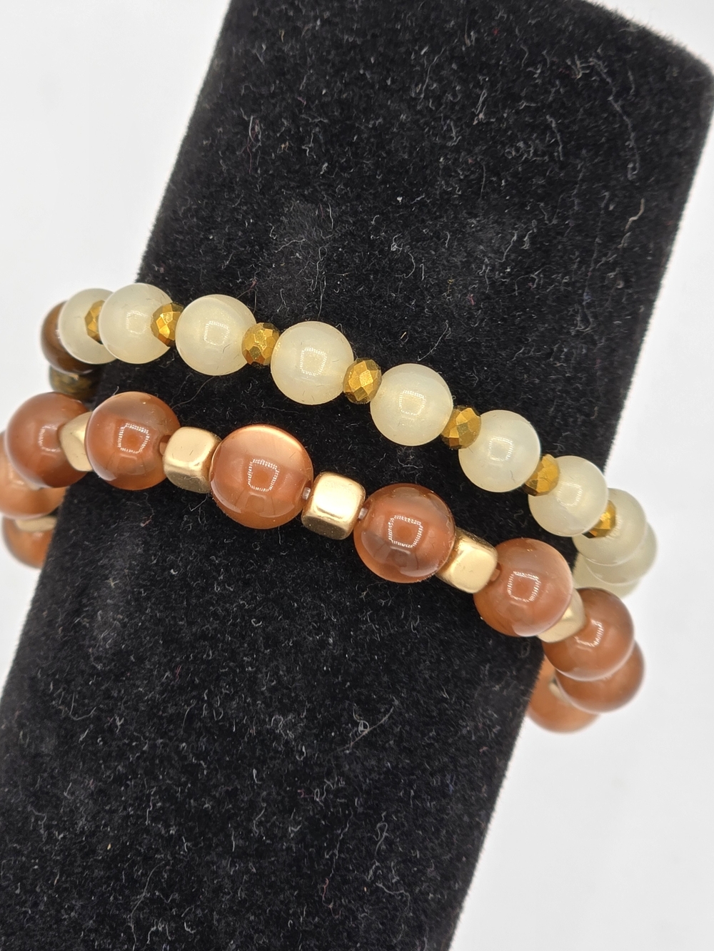 Earth Tone Beaded Stretch Bracelet Set of 2 with Teardrop Pendant